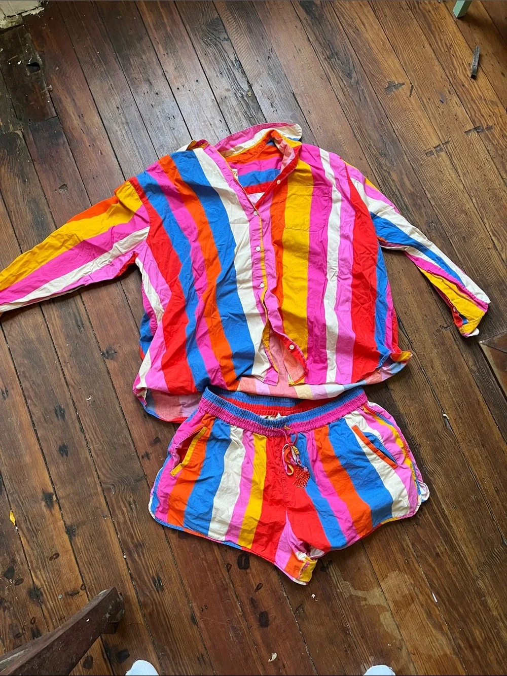 Vibrant Multi-Stripe Button-Up Shirt & Drawstring Shorts Set